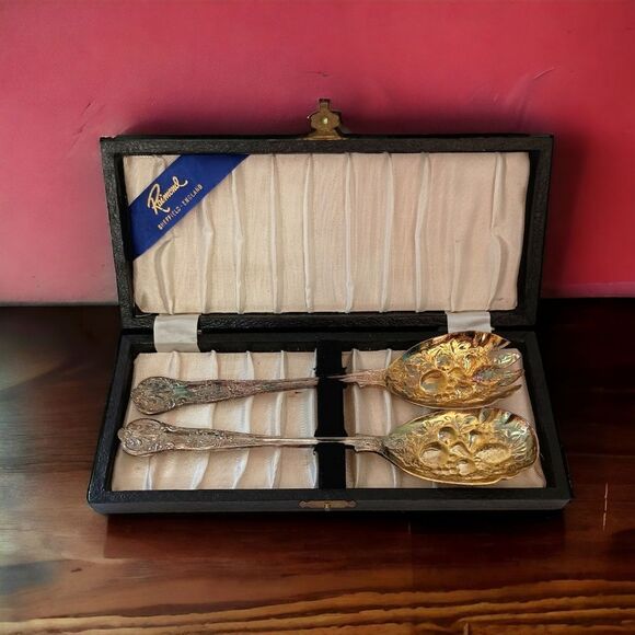 Raimond Sheffield England Serving Salad Spoon Fork Silver Plate Kings Fruit Vtg. - Picture 14 of 16